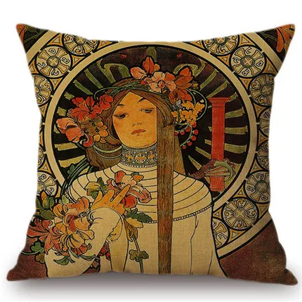 Vintage European Art Nouveau Mucha Gallery Decorative Sofa Pillow Cover Beautiful Beauty Girl Cotton Linen Luxury Cushion Cover
