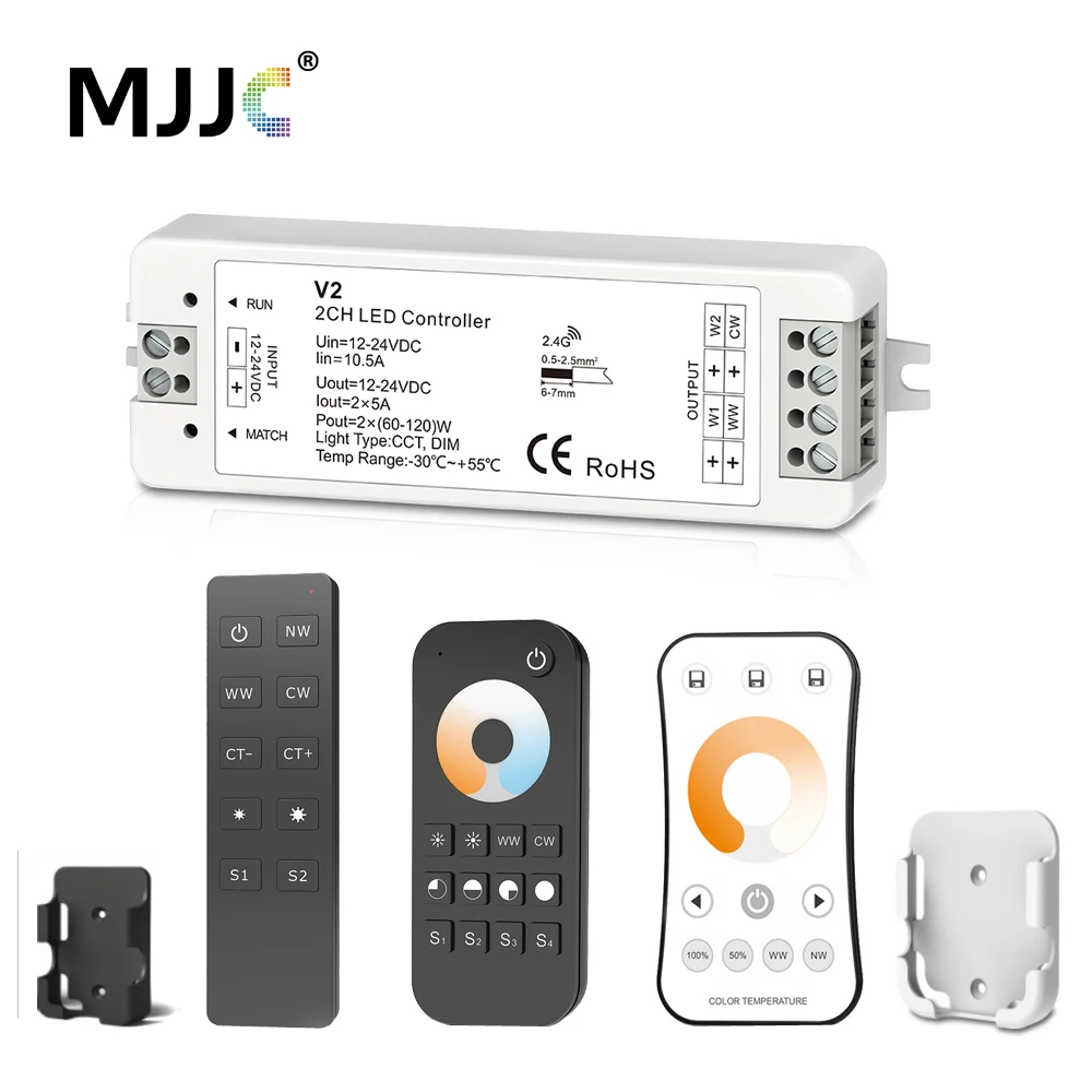 

LED RF Controller 12V LED Dimmer 24V 2CH 2.4G Single Color CCT Light Strip LED Dimmer Controller Wireless Remote with Holder V2