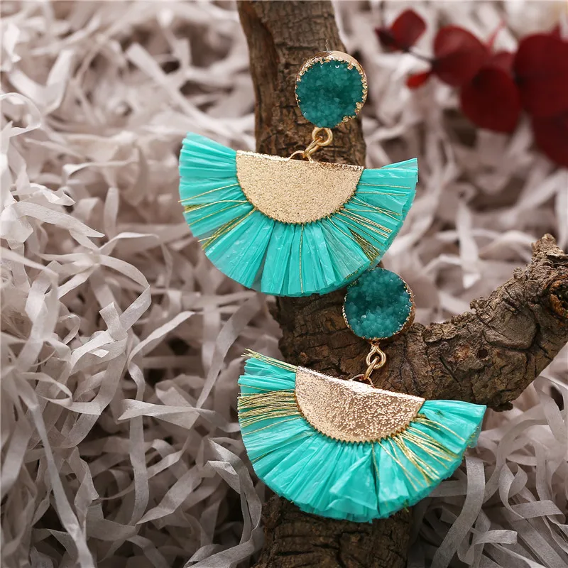 17 км богемные серьги Druzy Raffia для женщин полукруглый этнический эффектный кварц кисточка висячие серьги женские ювелирные изделия Новинка