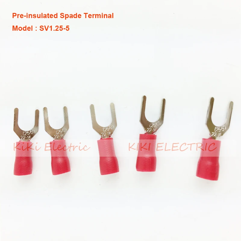 

SV1.25-5s/l Insulated Spade Terminal Fork Type Pre Insulated Electrical Wiring Terminals Connector for 22AWG-16AWG 19A max.