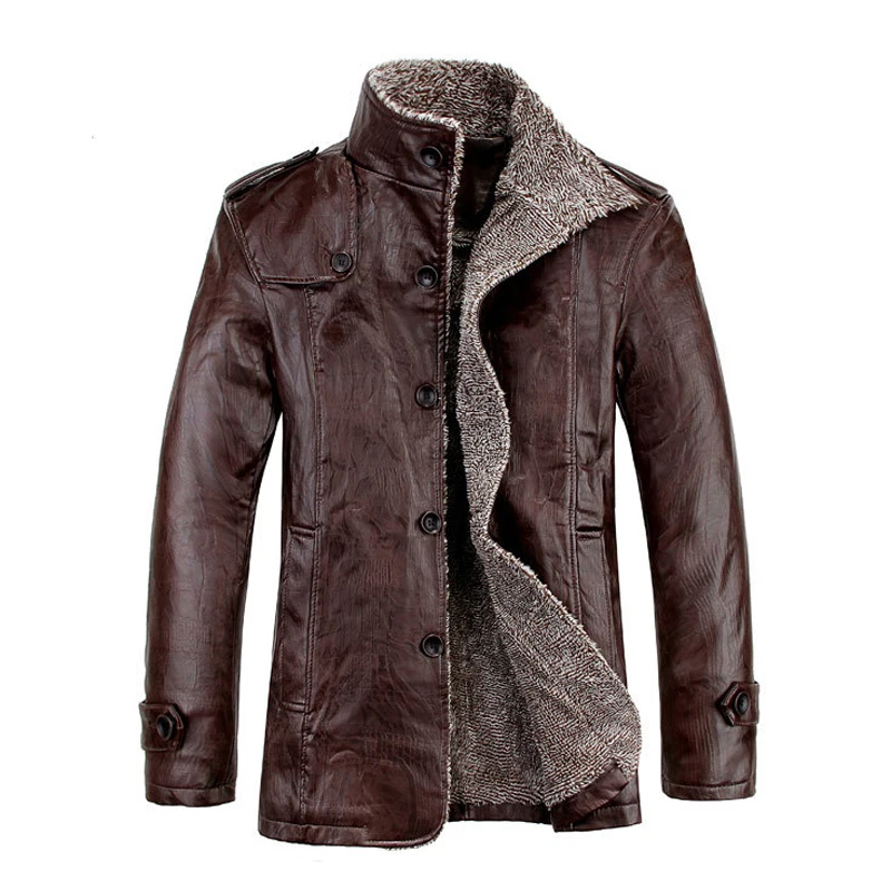 Мужская зимняя куртка из искусственной кожи теплая с воротником стойкой YA466|leather