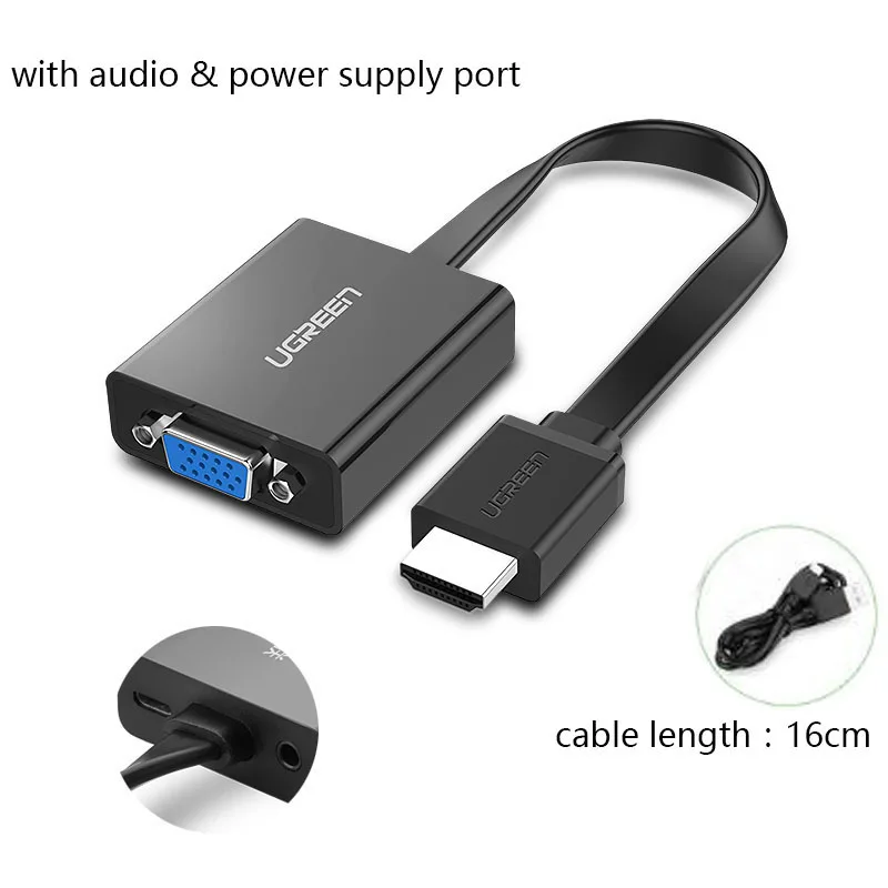Ugreen 1080P HDMI в VGA адаптер цифро-аналоговый аудио конвертер кабель для Xbox 360 PS3 PS4 ПК ноутбук ТВ приставка к проектору - Цвет: Black