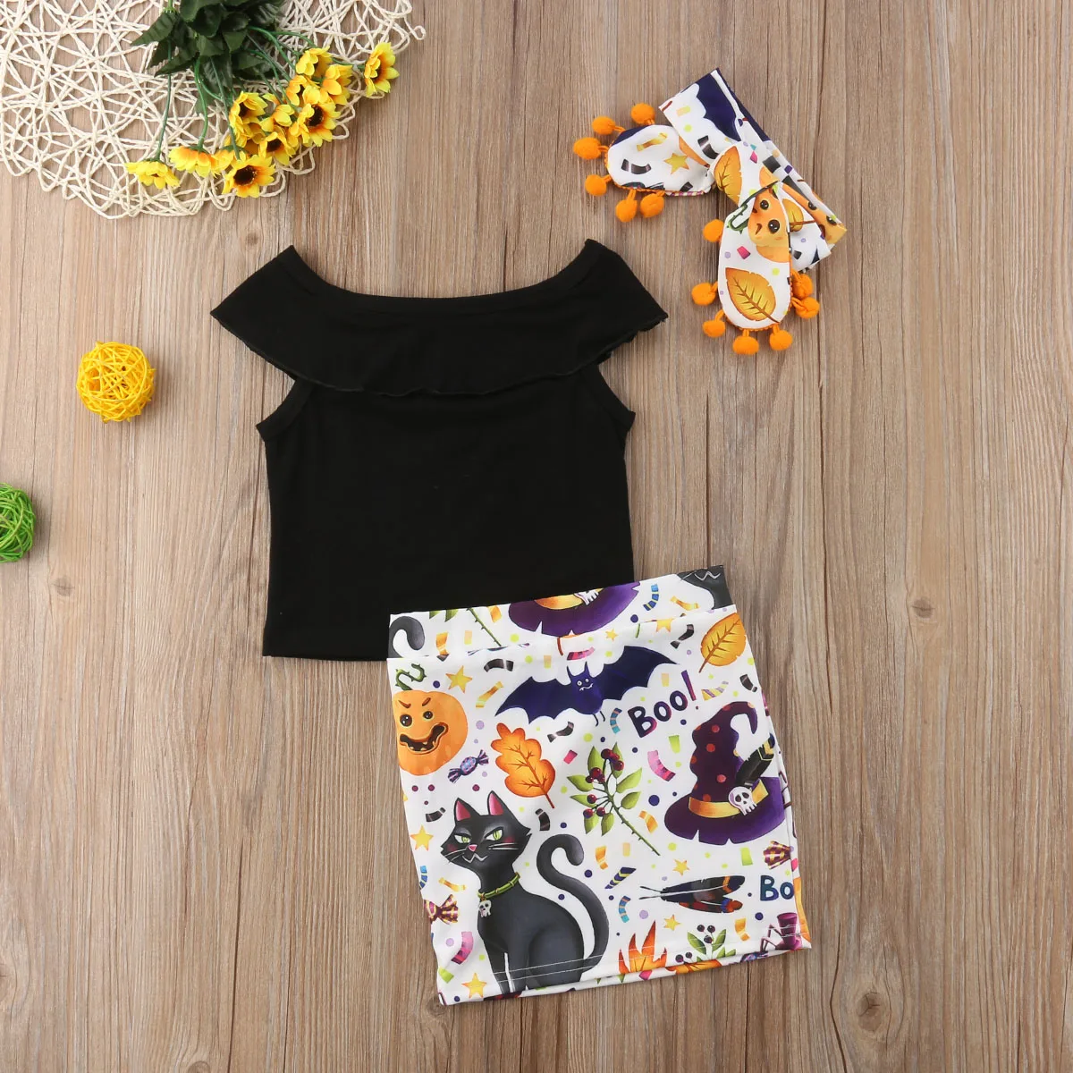 2018 Brand New Halloween Party Toddler Baby Girls Clothes Sets 3PCS Black T-Shirts Tops Pumpkin Cartoon Cat Skirts+Headband 1-5Y | Детская