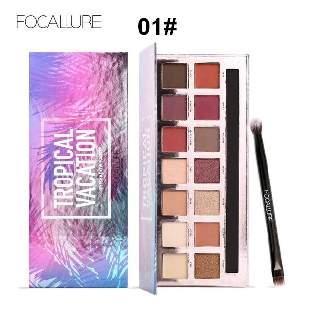 FOCALLURE, 14 цветов, палитра теней для век с кистью, матовый блеск, мерцающий тропический отдых, тени для век, водонепроницаемый макияж, пигмент, набор - Цвет: 01