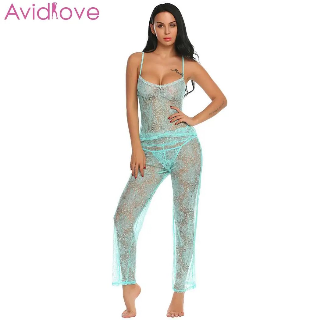 Avidlove, женский сексуальный комплект нижнего белья, секс-шоп, Прозрачное Бикини, экзотическое боди на бретельках, прозрачный комплект, топ, длинные штаны, кружевные пижамы - Цвет: Green