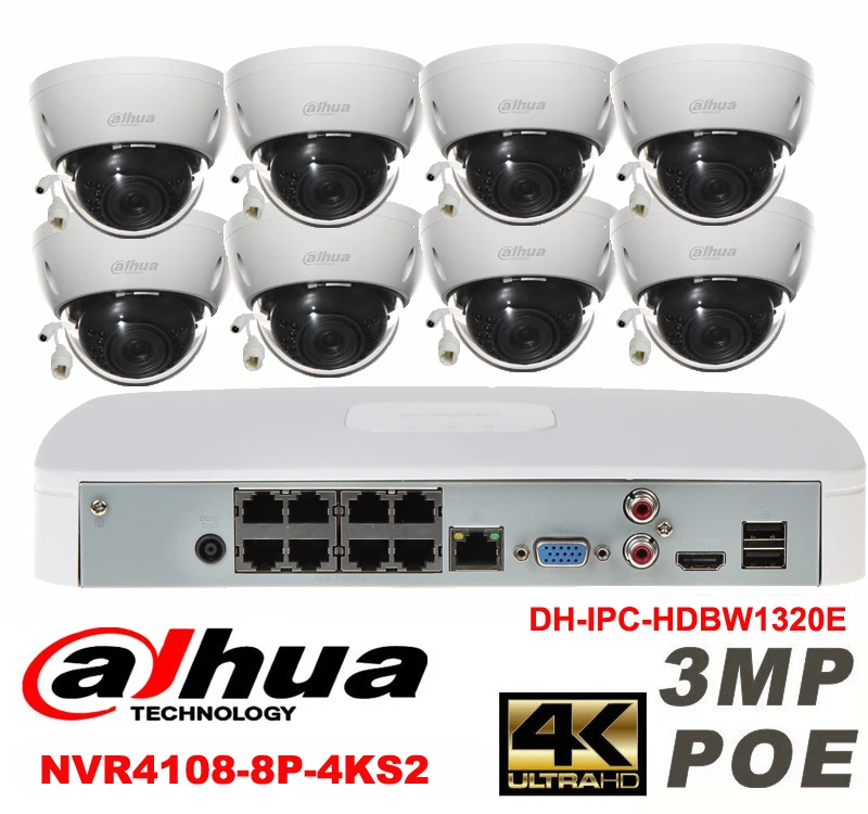

Dahua original 8CH 3MP H2.64 DH-IPC-HDBW1320E 8pcs Dome IP CCTV network camera POE DAHUA DHI-NVR4108-8P-4KS2 security camera kit