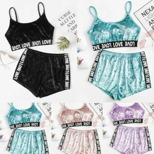 

Summer Women Sexy Pajamas Velvet Pijamas Sleepwear Deep V Sling Lingerie Set