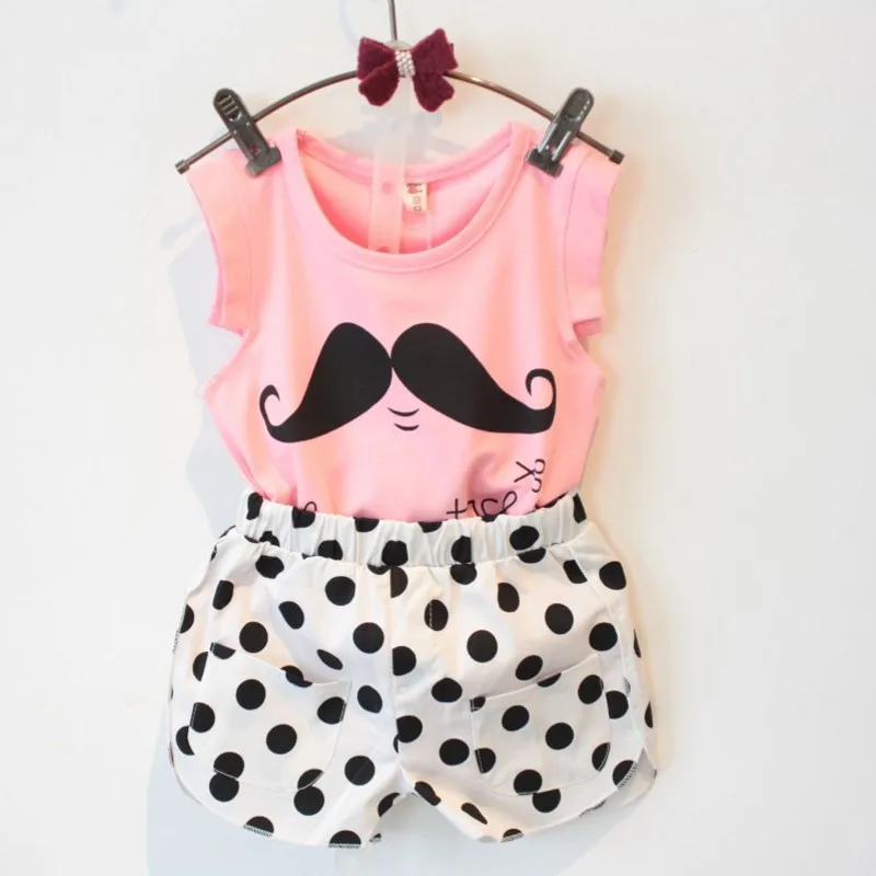

2016 Summer Style Baby Girls Clothing Set Sleeveless T-shirt+Polka Dot Pant 2pcs/set Kids Cotton Clothes Set 2-8 Years KF064