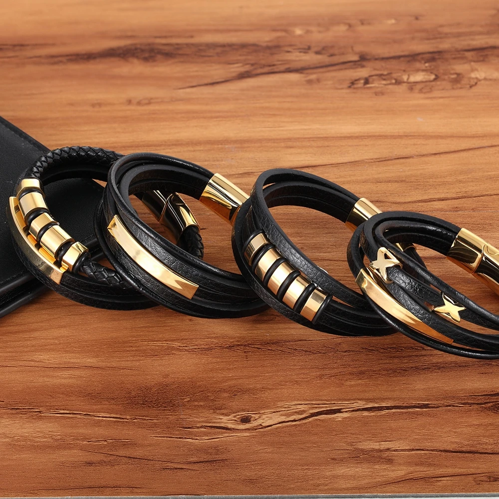 

TYO Personality Jewelry Different Designs Geometric Pattern Multi-layers Genuine Leather Bracelet For Men Fashion Jewelry Gift
