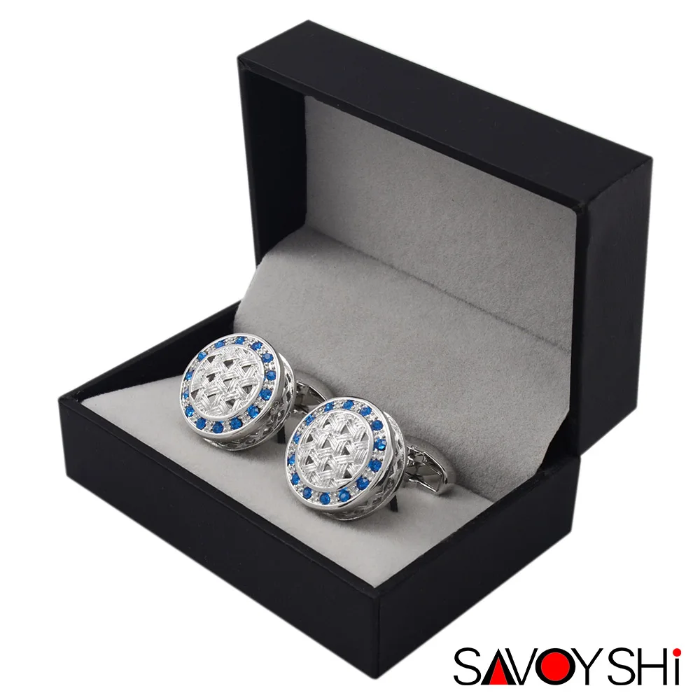 SAVOYSHI рубашка Запонки мужские подарочные высококачественные круглые синие Хрустальная запонка звенья Брендовые мужские манжеты аксессуары DIY логотип
