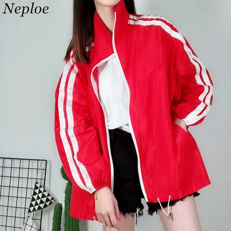 Neploe Harajuku куртка со стоячим воротником пальто в полоску с длинными рукавами 2019