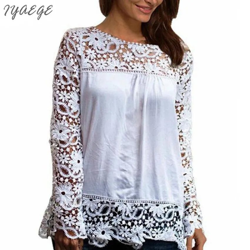 5XL Женские вязаные крючком Большие размеры шифоновые кружевные блузки рубашки с