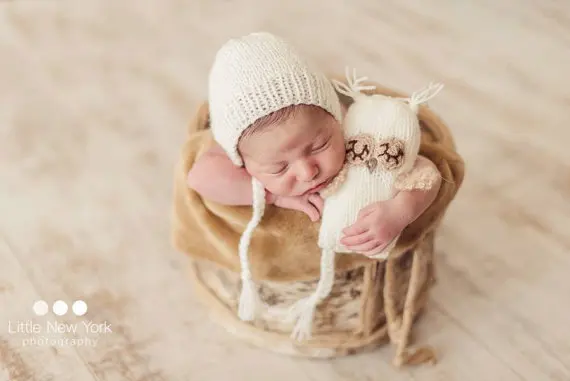 Newborn Photography Props Accessories Bear Cap Hat + Baby Doll Sets Soft Beanie Handmade Knit Toy 0-1M OR 3-4M | Детская одежда и