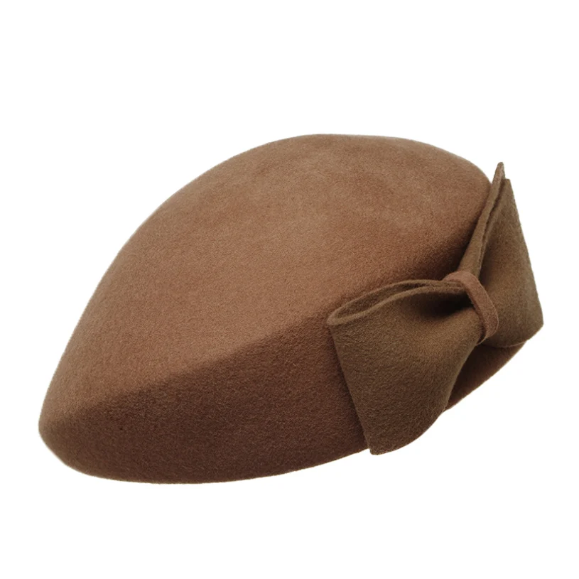 Dark Khaki 55-57cm FS Элегантный шерсть французский белый берет шапки для женщин Винтаж Pillbox шляпа черный красный дамы лук зима фетровая шапочка стюардессы - Цвет: Dark Khaki 55-57cm