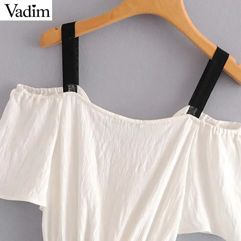 Vadim women sweet V neck backless palysuits elastic waist off shoulder design sashes female casual summer wear jumpsuits KB018 | Женская