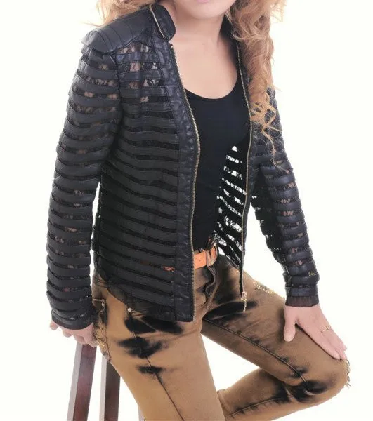 Free shipping 2015 New Plus size Women's motorcycle PU lace patchwork stand Collar faux Leather Jacket Short Coat Lady Outerwear|outerwear