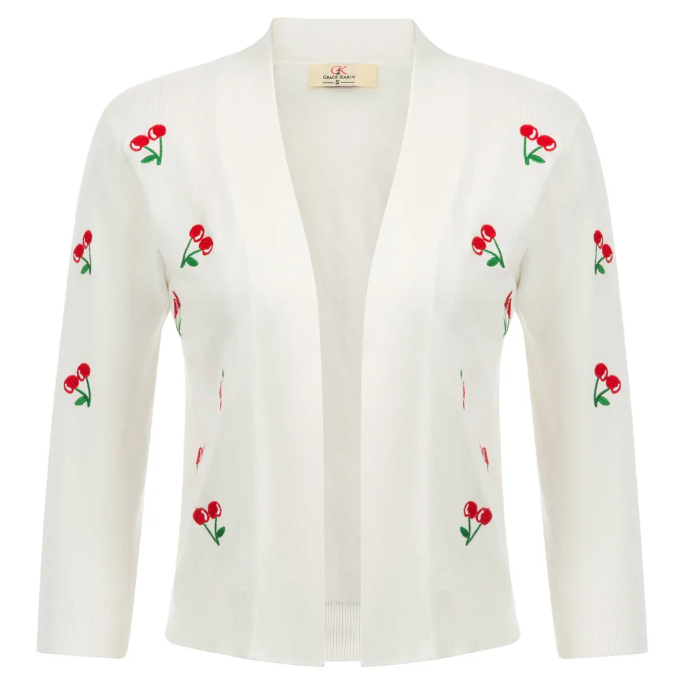 Ladies Cardigan 3/4 sleeve Knitted Casual Formal Office Party Womens Cropped Embroidery Cherries print Fashion | Женская одежда