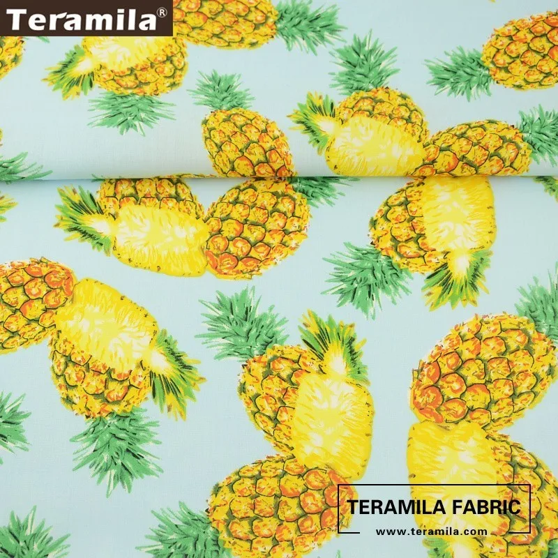 Хлопок Teramila Поплин Ткань Жир четверть метр небесно-голубой принт свежий ананас