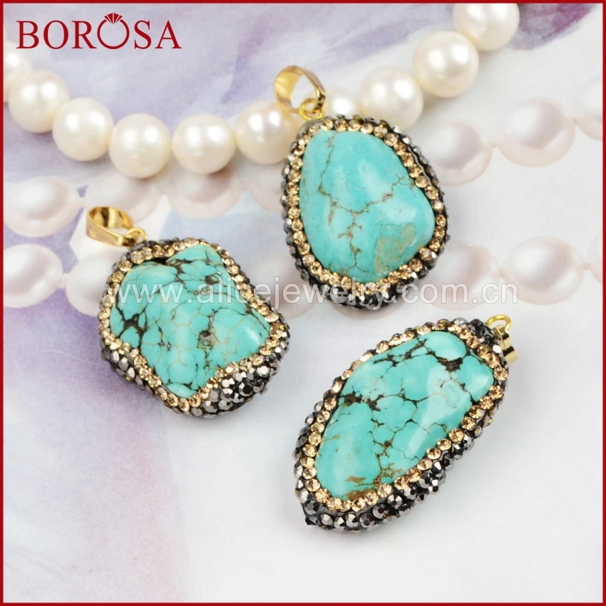 

BOROSA Greenish Sky Blue Stone Druzy pendant beads Paved Zircon CZ druzy beads fashion vintage JAB155