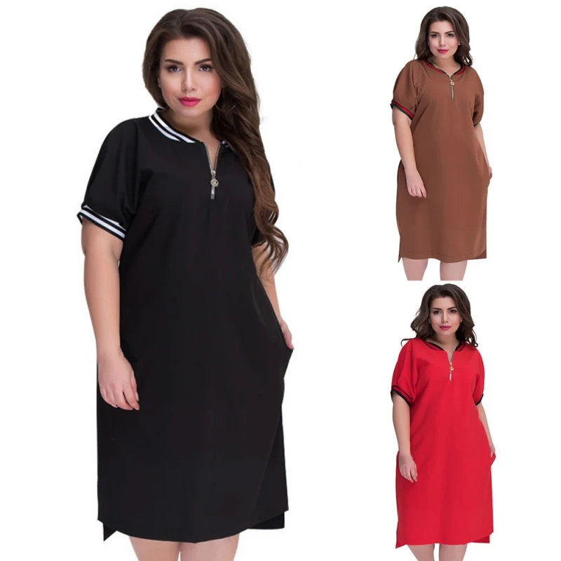 

2019 Plus Size Straight Dresses Women O-Neck With Zippers Big Size Summer Casual Loose Solid Dress