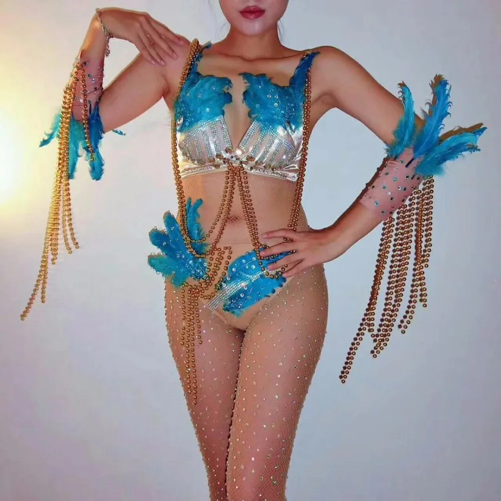 

Jazz Dance Costumes For Lady Sexy Pub Club Party Bar Dancers Pub Singer Performing Leading Dance Blue Feather Bikini Suit DJ216