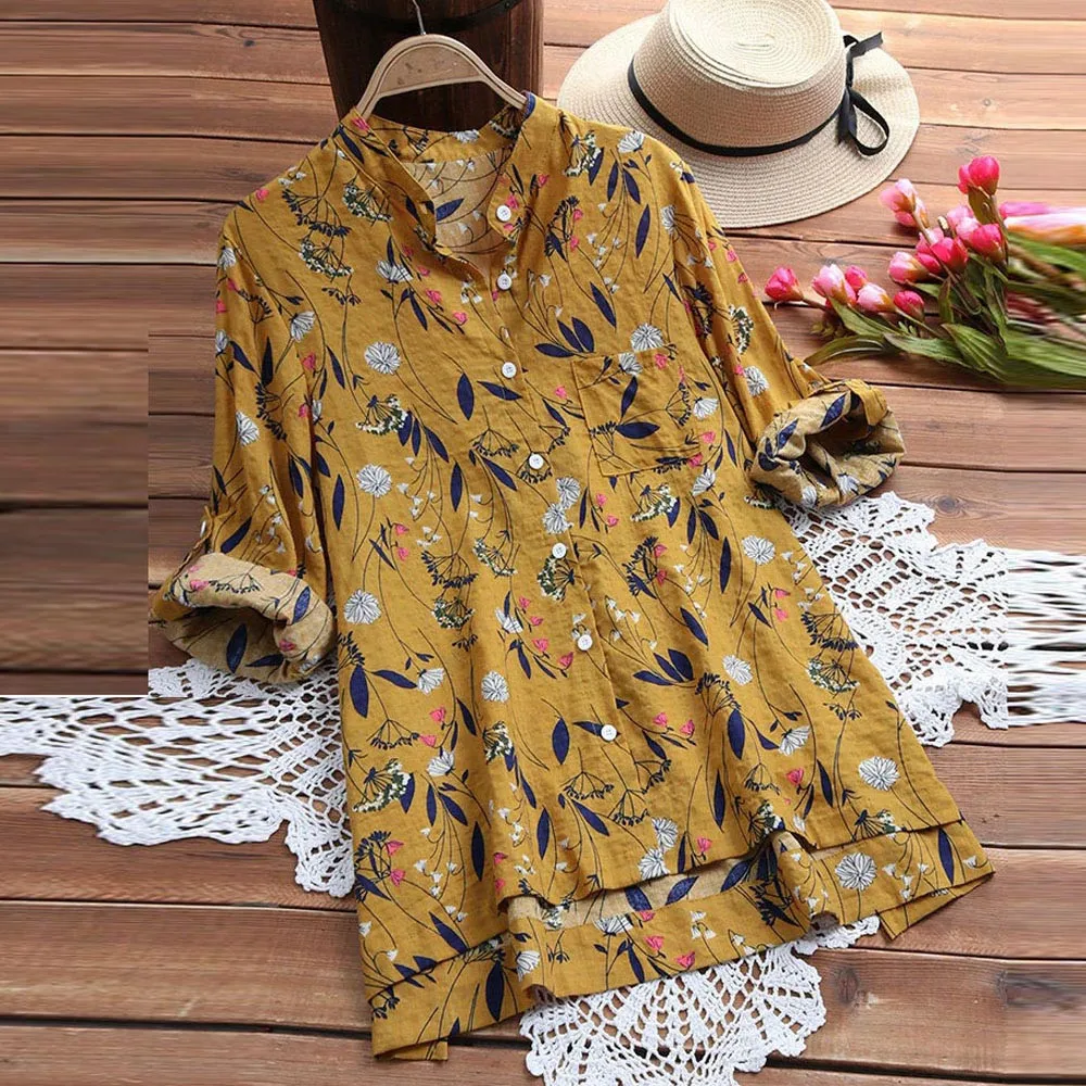 Для женщин Boho Цветочный принт Oversize Винтаж хлопок белье свободные летний топ