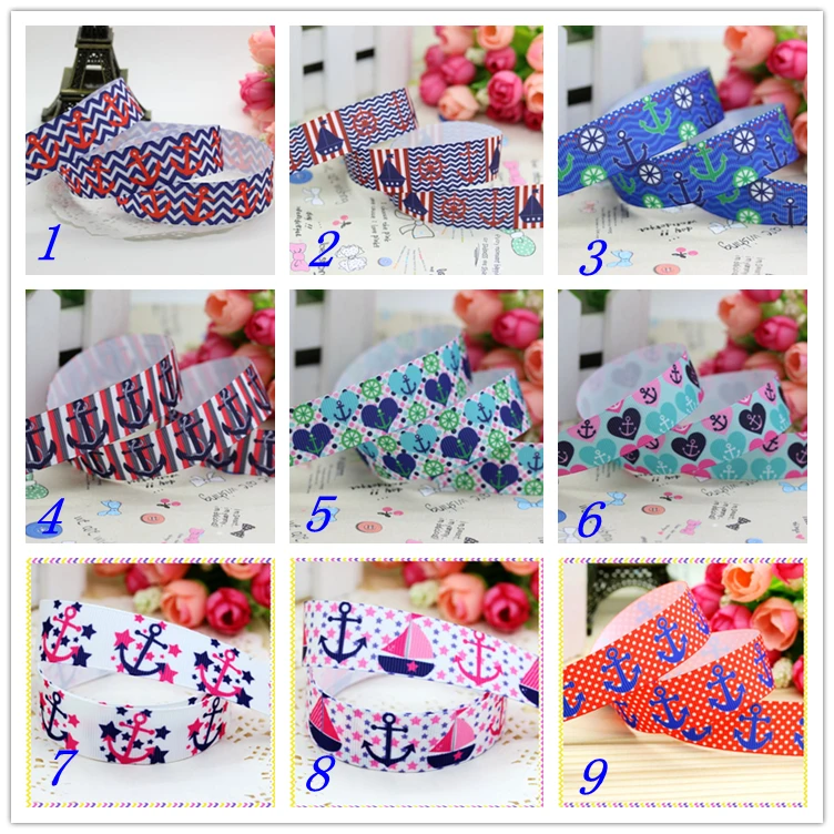 

7/8'' Free shipping anchor navy sea printed grosgrain ribbon hairbow headwear party decoration diy wholesale OEM 22mm D249