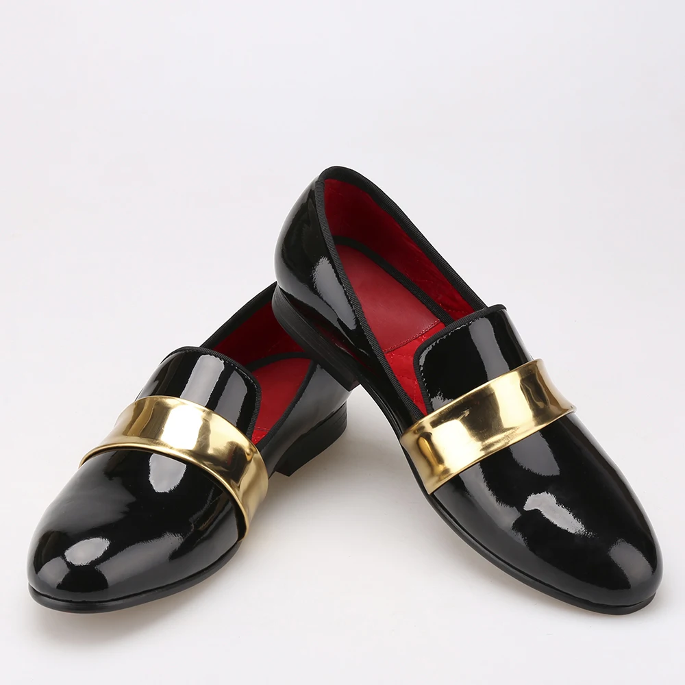 Мужские кожаные лоферы ручной работы с золотой лакированной кожаной пряжкой