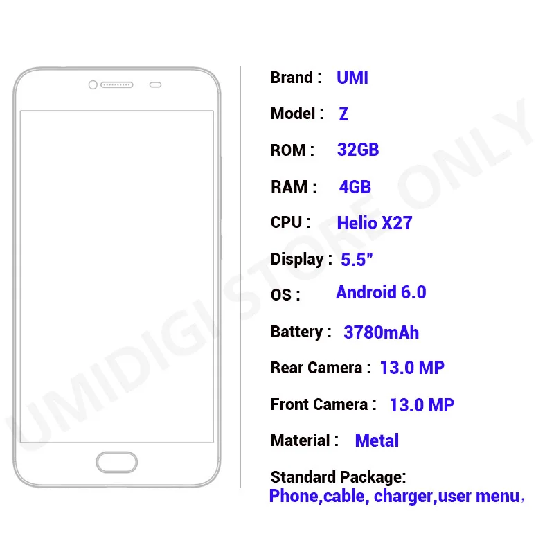 Класс B UMI Z Металл Android Smart открыл мобильный телефон MTK helio X27 4 ГБ Оперативная память