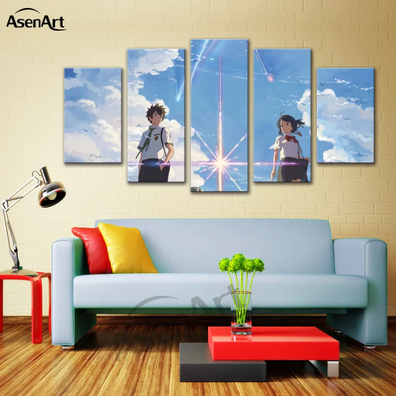 Аниме Распыление красок 5-ти панельная картина на холсте Япония Фильм "Твое имя" Современный постер Печать в рамке Картина на стене предметы декора для дома.