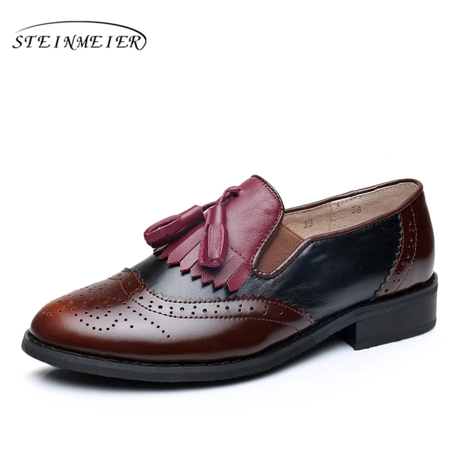 

Genuine cow leather brogues designer vintage flats shoes handmade oxford shoes for women brown black pink with fur 2020 sping