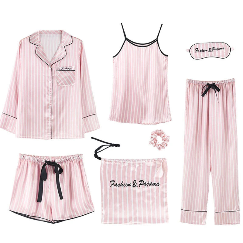 

Princess pajamas ladies suspenders shorts long-sleeve long pants silk seven-piece pajamas soft comfortable home service suits