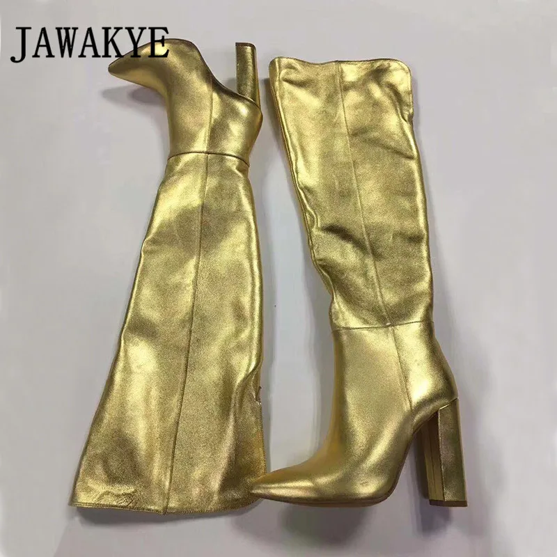 JAWAKY/Подиумные Кожаные Сапоги выше колена золотистого цвета пикантные женские Клубные вечерние туфли на шпильке с острым носком женские рыцарские сапоги