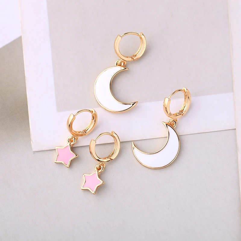 Женские серьги капли Moon & Star изысканные с эмалью Подарочные ювелирные