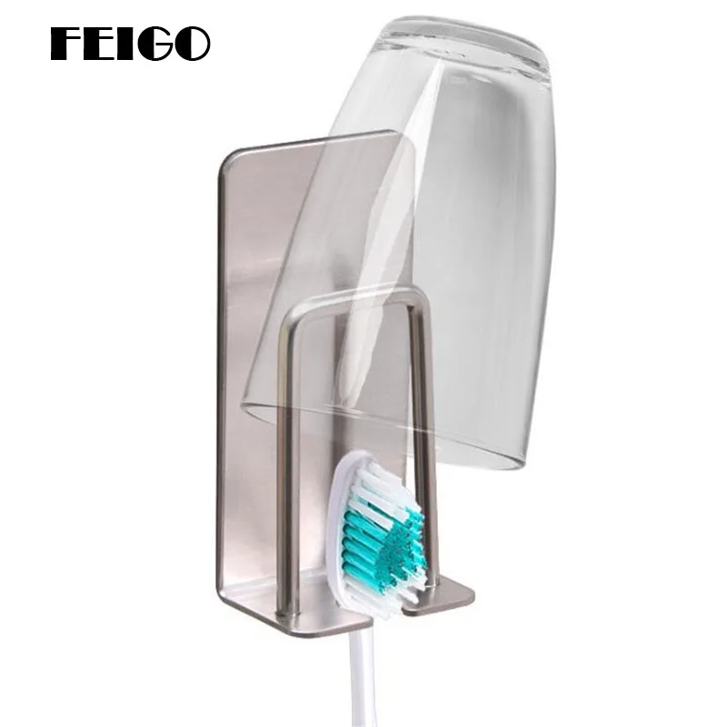 

FEIGO 1 Pcs Stainless Steel Wall Mount Toothbrush Holder Hook Self-Adhesive Tooth Brush Organizer Box Bathroom Accessories F128