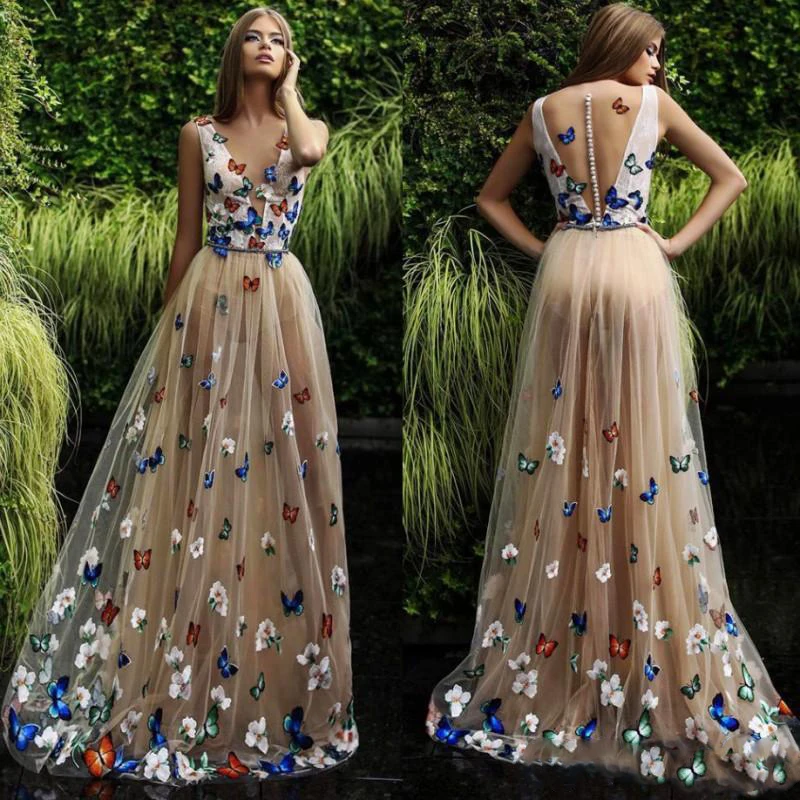 Бабочки и цветы Выпускные платья 2018 прозрачный вырез без рукавов Длинные