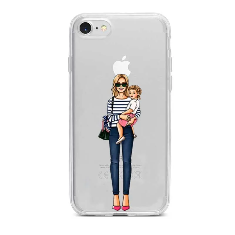 Moda Mae Do Bebe Caso Menina Para o iphone XR XS MAX 8 6 7 Plus 5 4 Мягкий ТПУ Прозрачный mulher Tampa Telefone Fundas