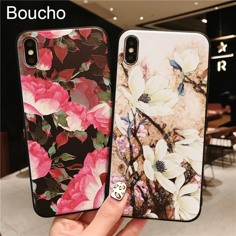 Мягкий силиконовый чехол Boucho для iPhone 11 12 Pro XS Max XR рельефный с цветочным рисунком
