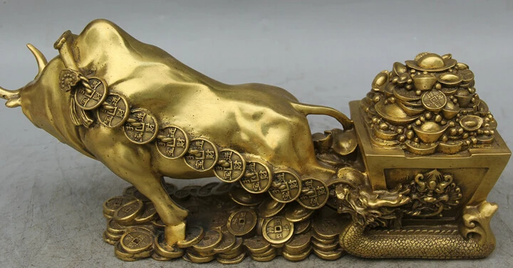 JP S62 14 &quotКитайская латунь богатство деньги Дракон бык Oxen draw вагоны Сокровище Чаша