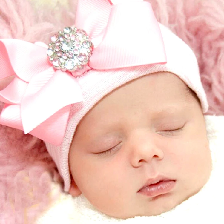 

0-6 Months Cotton Soft Newborn Baby Hats Big Bow Knot Pink Diamond Stripe Toddler Knit Caps Warm Infant Hat Large Hair bows