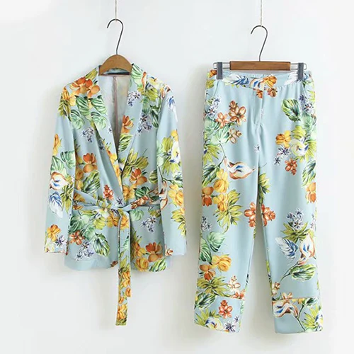 Flower Print Sets GCAROL новые женские наборы 2 шт блейзер с поясом OL Костюм лодыжки длина широкие брюки две части леди повседневные топы брюки - Цвет: Flower Print Sets