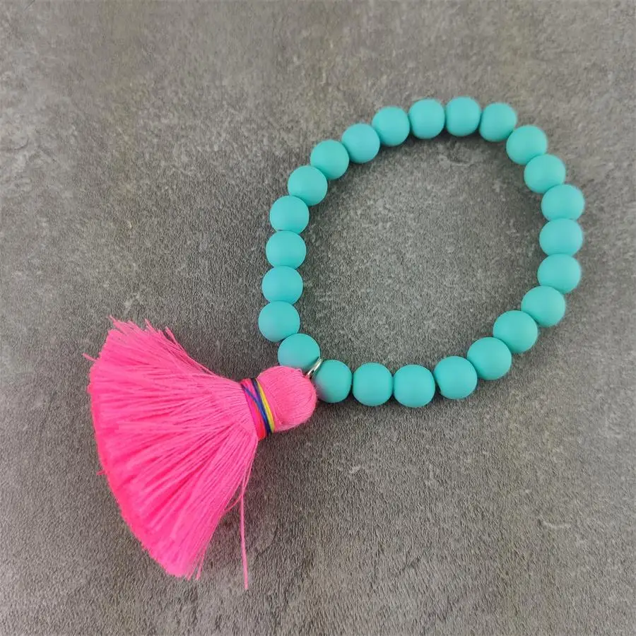 rubber plated aqua Новая мода резиновое покрытие эластичный браслет из бусин с красочными большими кисточками для женщин Летний пляж призвание ювелирные изделия - Окраска металла: rubber plated aqua