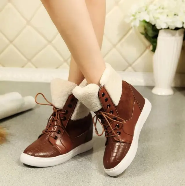 Женщин клин скрытый каблук зима теплая снегоступы мех выстроились ботильоны