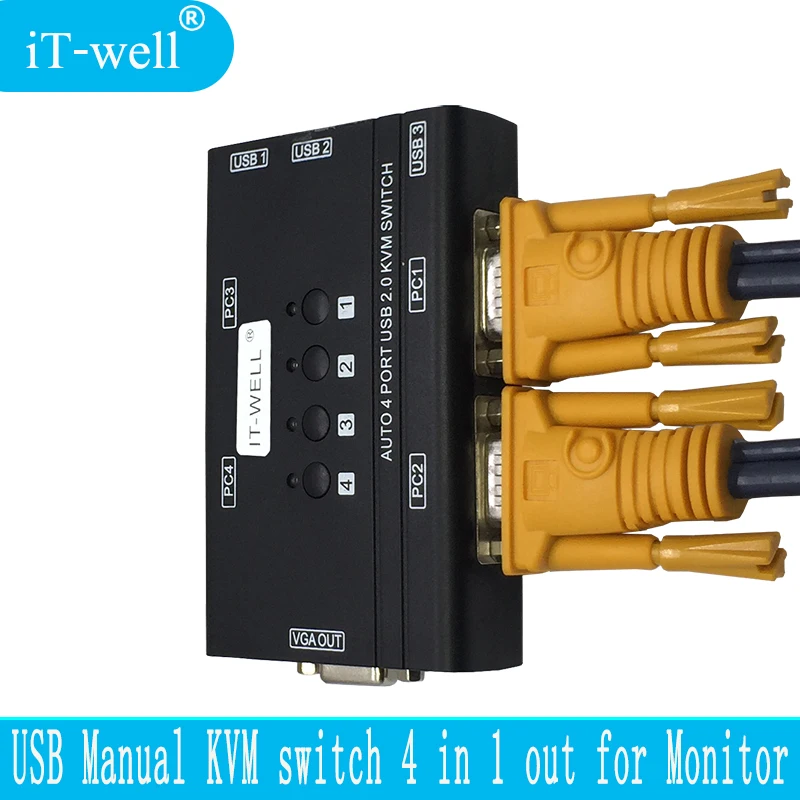 IT-well 4 порта KVM переключатель управления 4 ПК Хост 1 Набор USB клавиатура мышь и VGA монитор мульти ПК управление оригинальным кабелем