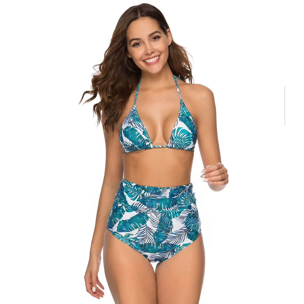 Women High Waist Separate Bikini Swimsuit Swimwear Push Up Straps Halter Tankini Tropical Plants Print Bath Suit Biquini Plavky | Спорт и