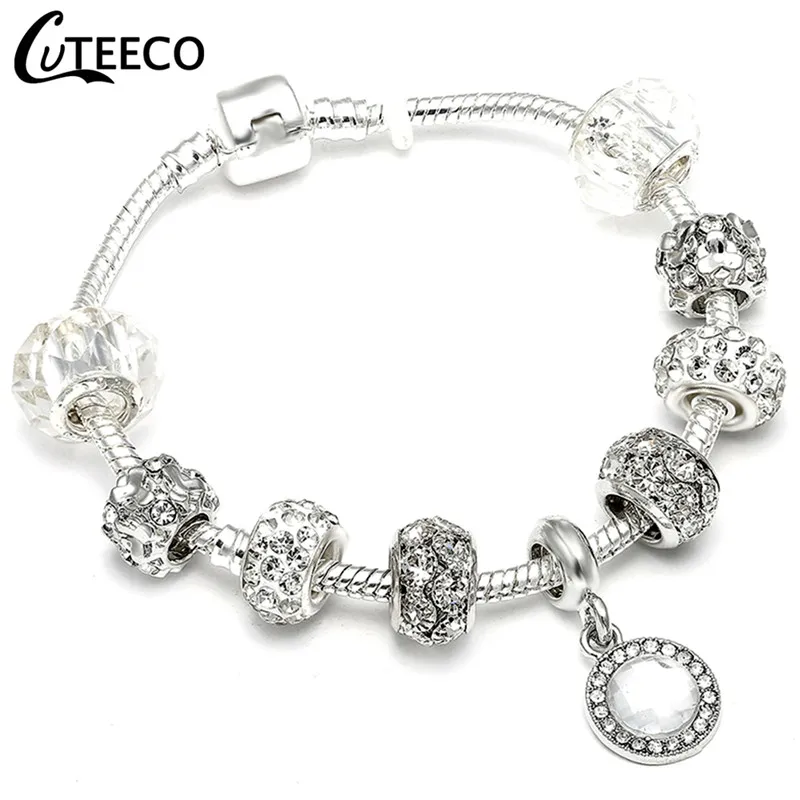 CUTEECO 925, модный серебряный браслет с шармами, браслет для женщин, Хрустальный цветок, сказочный шарик, подходит для брендовых браслетов, ювелирные изделия, браслеты - Окраска металла: AE041