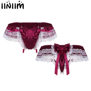 Мужские трусы брифы с кружевом сзади, Синие Трусы-стринги с бантом, сексуальное нижнее белье для мужчин, гей-трусы