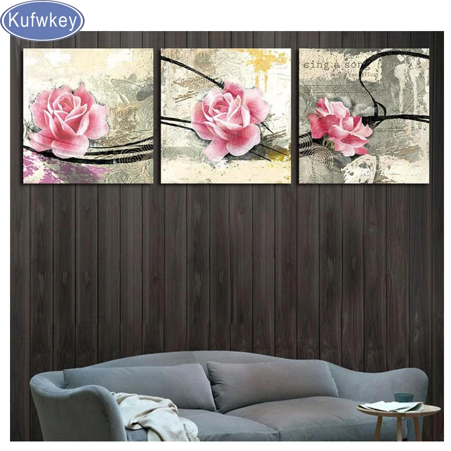 

Триптих «сделай сам», бриллиантовая картина, настенное искусство, розы, украшение, цветы, Картина на холсте, домашний декор