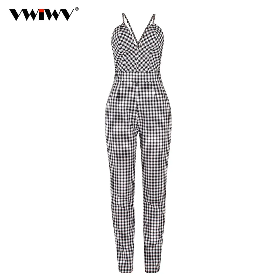 

2018 VWIWV Fashion Autumn New Style Black & White Plaid Jumpsuit Casual Long Jumpsuit Bodycon Suspender Jumpsuits