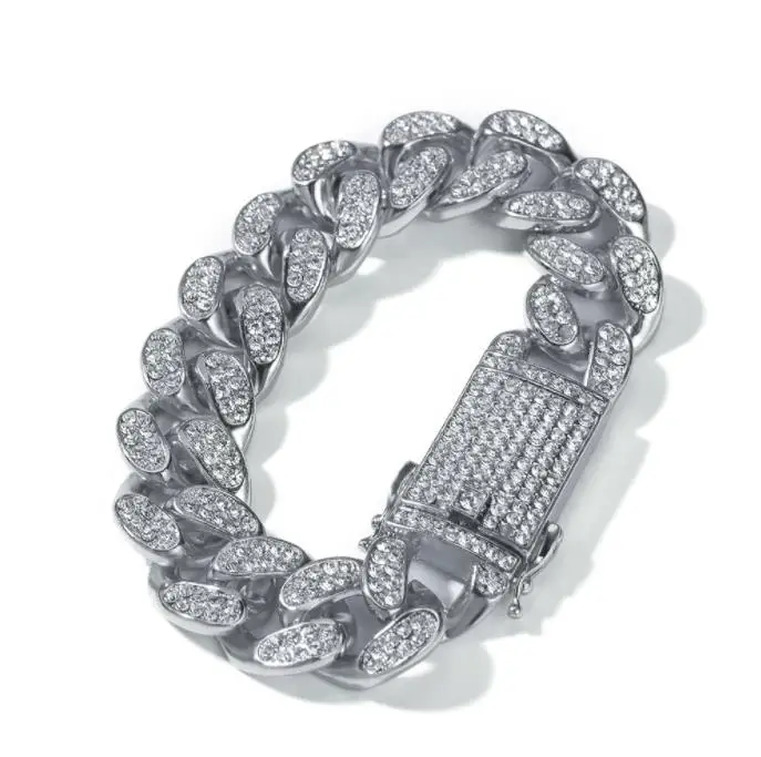 Для мужчин хип-хоп Iced Out Bling CZ браслет мозаика браслет со стразами 20 мм Ширина США кубинские звенья браслеты ювелирные изделия Хип-хоп подарки - Окраска металла: Посеребренный
